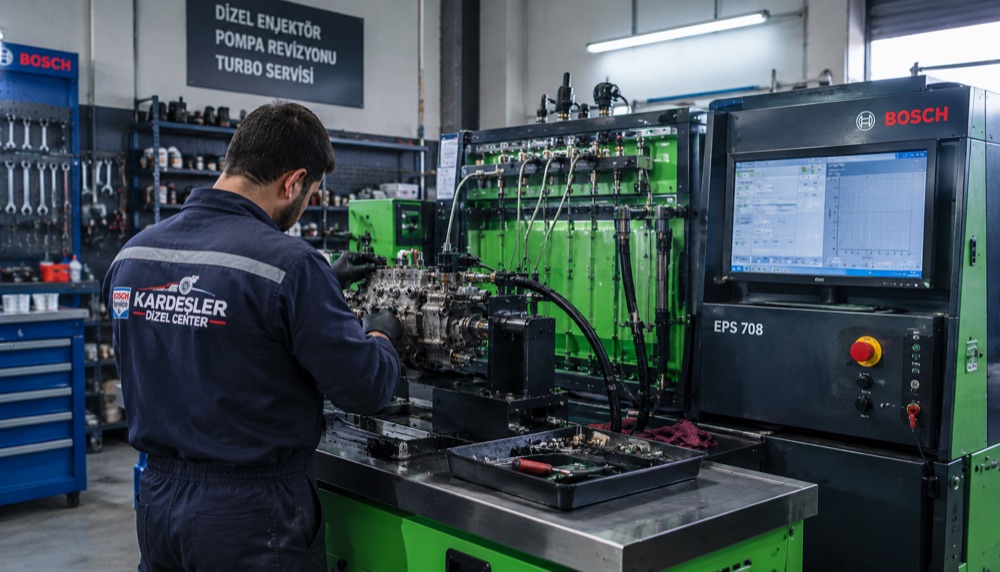Kardeşler Dizel Center ustası Bosch test tezgahında çalışıyor